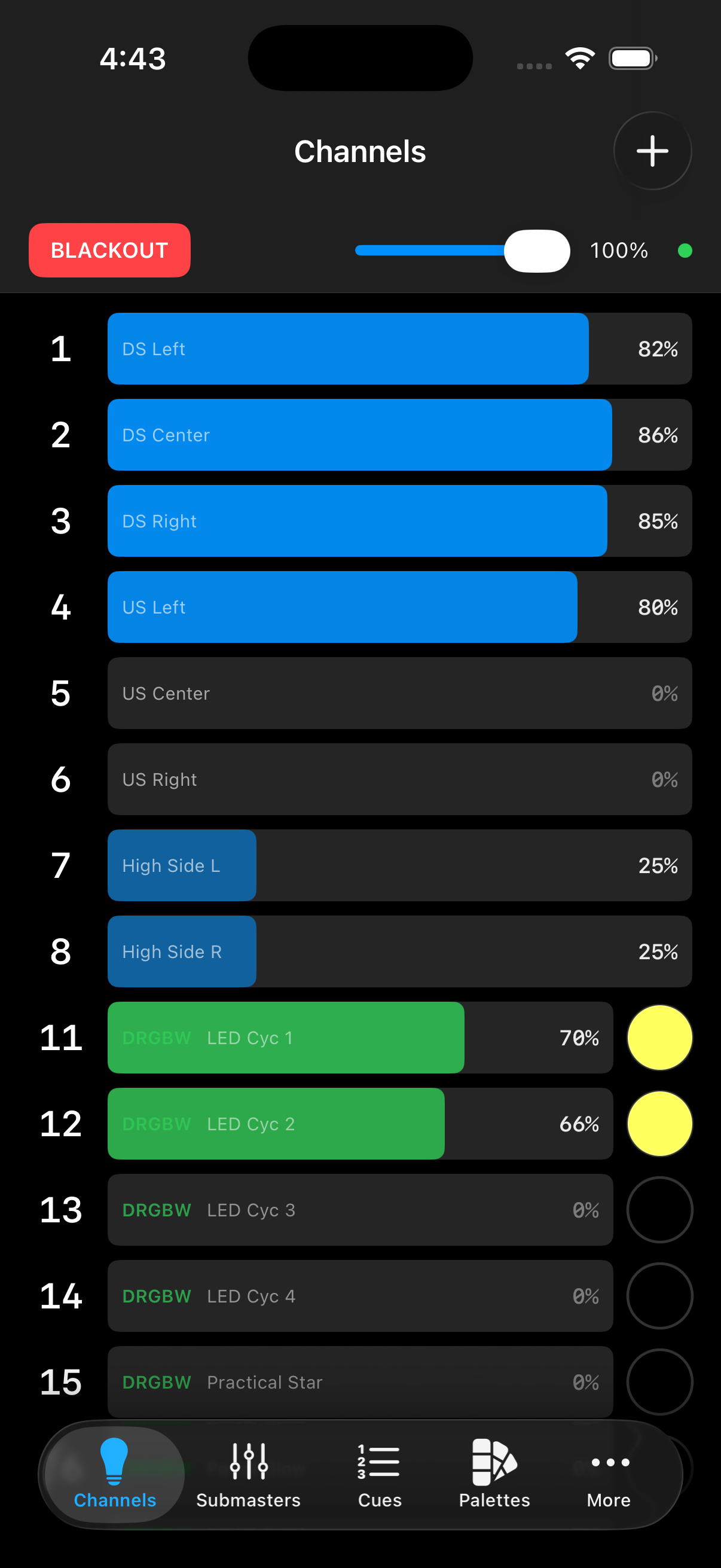 LumenDMX Channels screen showing channel levels and color controls