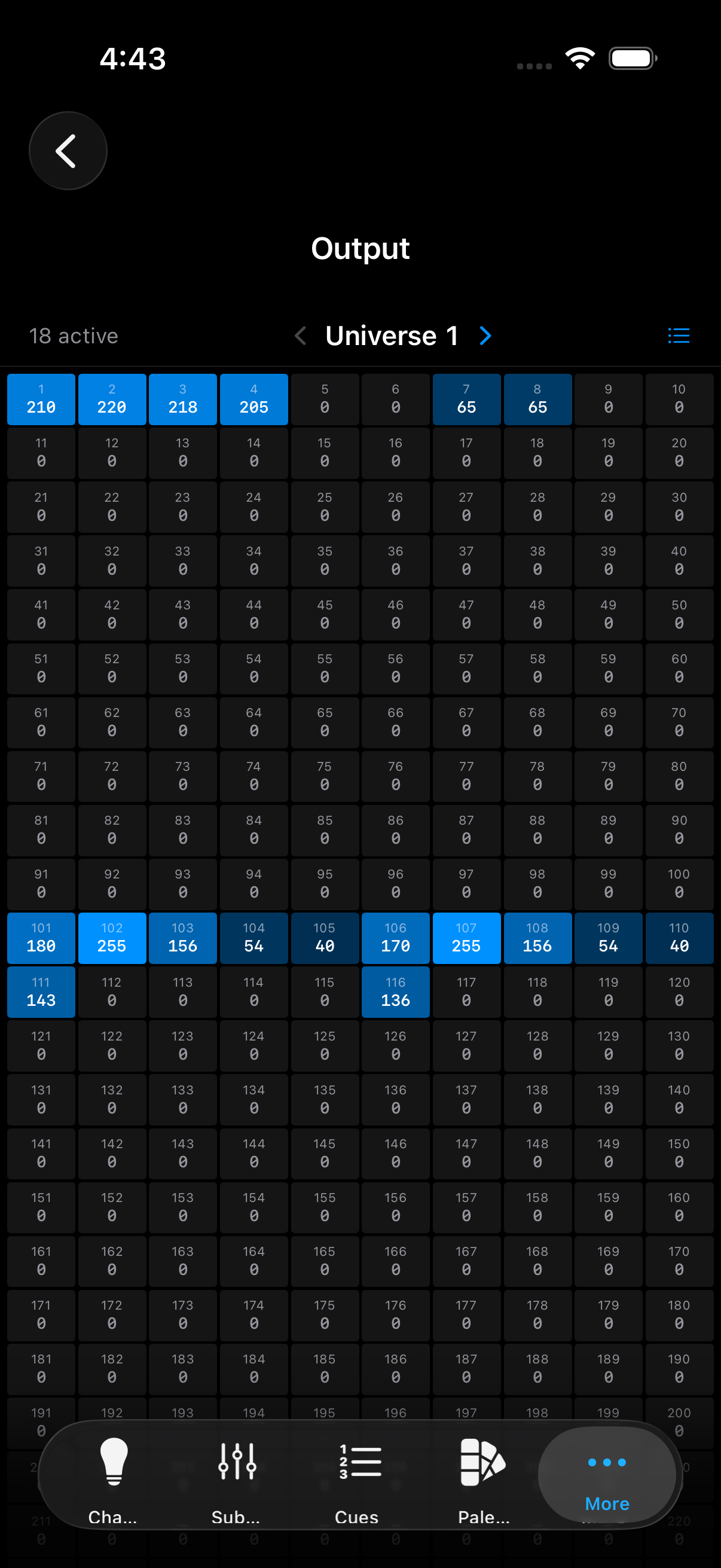 LumenDMX Output screen showing live DMX values by address
