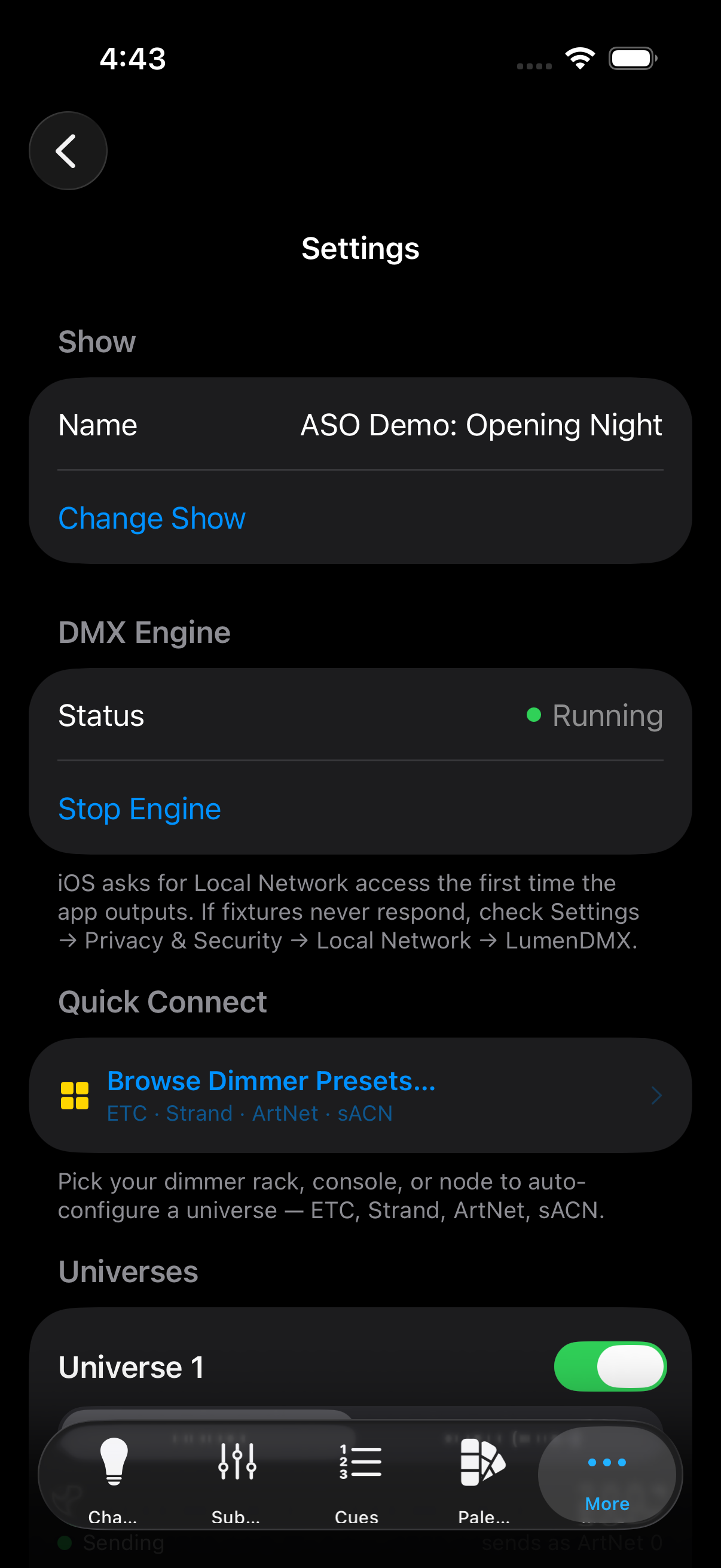 LumenDMX Setup screen showing universe presets, priority and live status